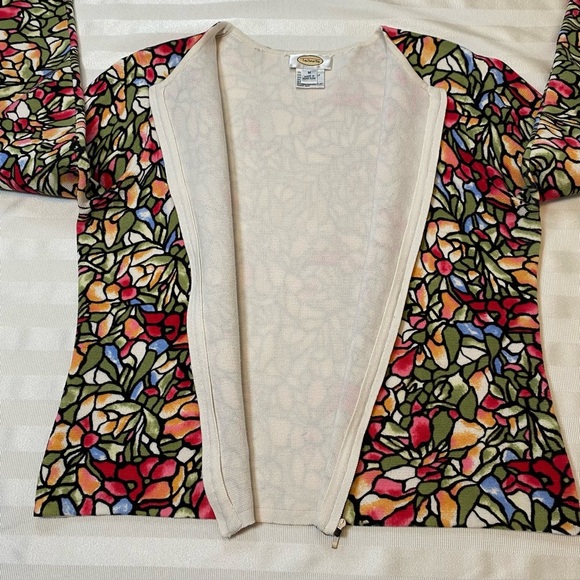 Vintage Talbots Cardigan Sz M Stained Glass Mosaic Floral Pattern Zip Front - Picture 7 of 13